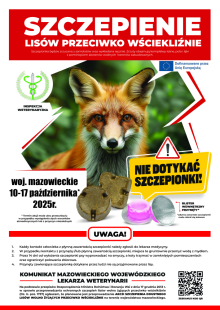 Jesienna akcja szczepienia lisów wolno żyjących przeciw wściekliźnie  na terenie województwa mazowieckiego